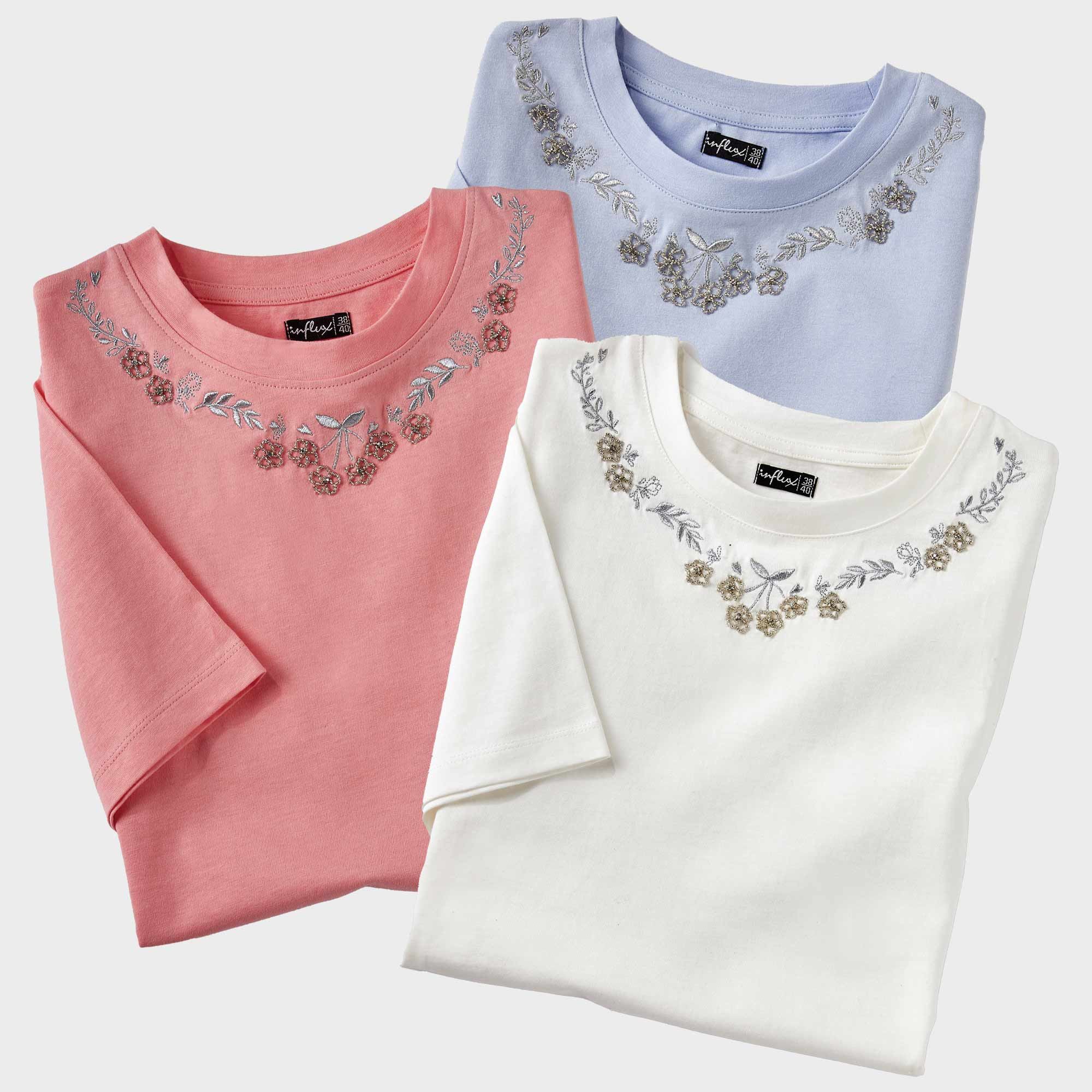 Les 3 tee-shirts broderie et strass (de même taille)